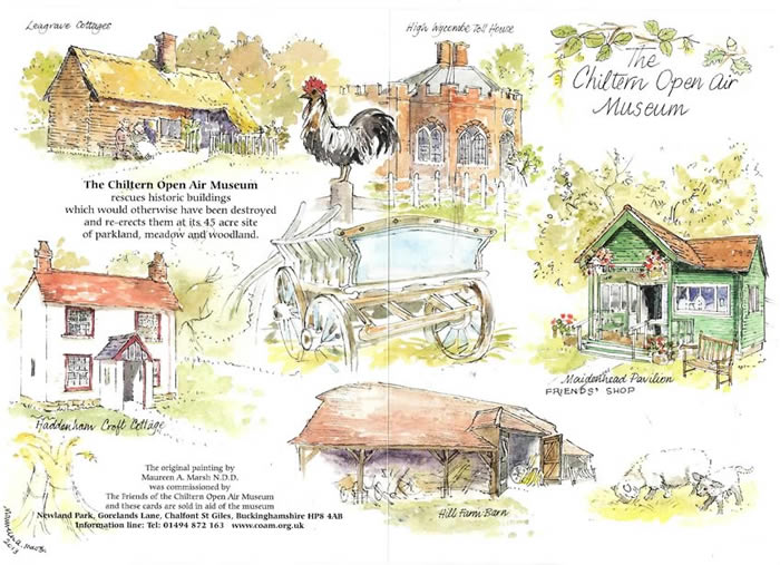 'CHILTERN OPEN AIR MUSEUM' - CARD DESIGN. My latest commission from Friends of The Chiltern Open Air Museum shows a selection of the buildings rescued from demolition and reassembled on their 45 acre site. The painting is printed as A5 cards and sold at the museum.